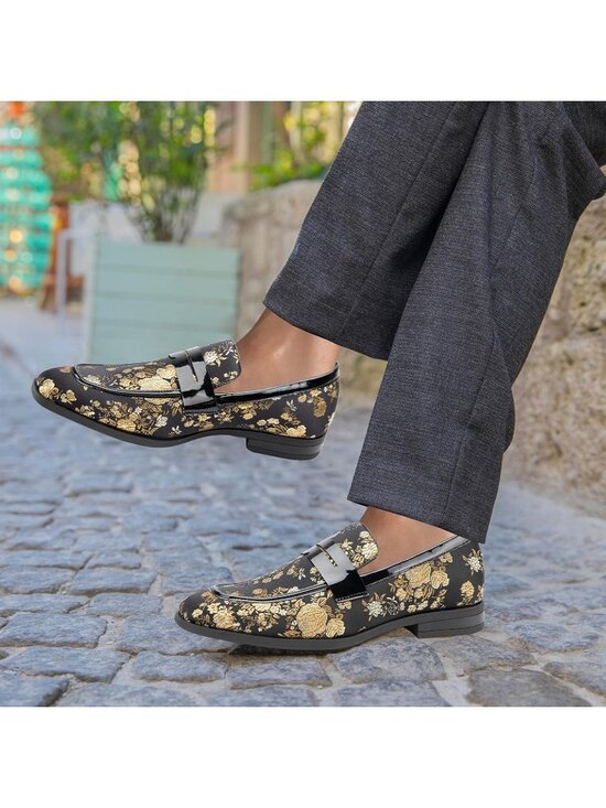 Men\'s Gold41 Rubber Velvet Loafers Low Heels Round Toe Tuxedo Wedding Shoes main image 4
